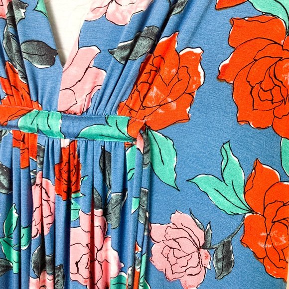 Rachel Pally Kaftan Dress Blue Red Floral V Neck Pleated Stretch Maxi XS - Picture 4 of 7